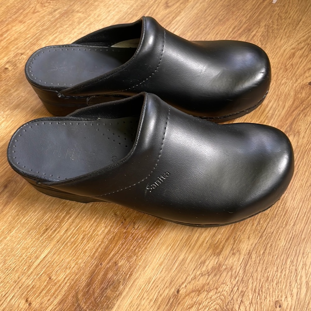 Sanita Black Leather Clogs